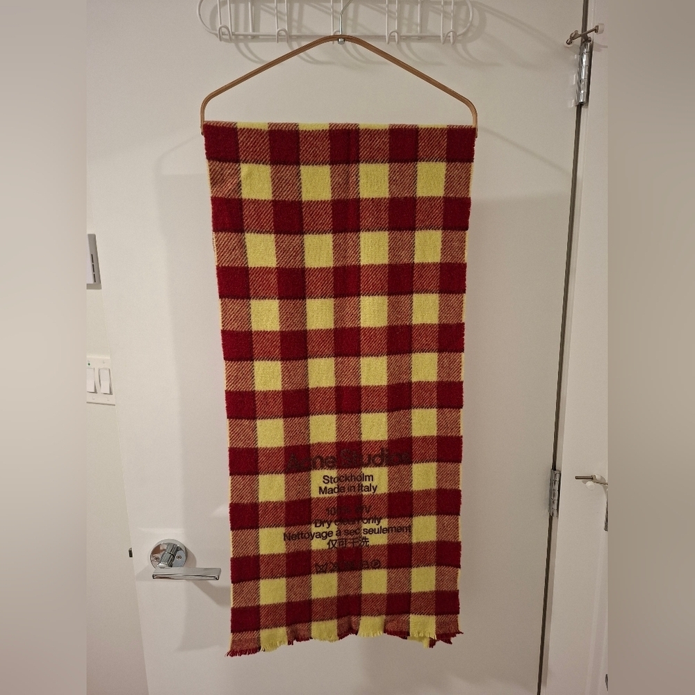 Acne Studios Red and Yellow Wool Checkered Scarf with Micro Fringe
